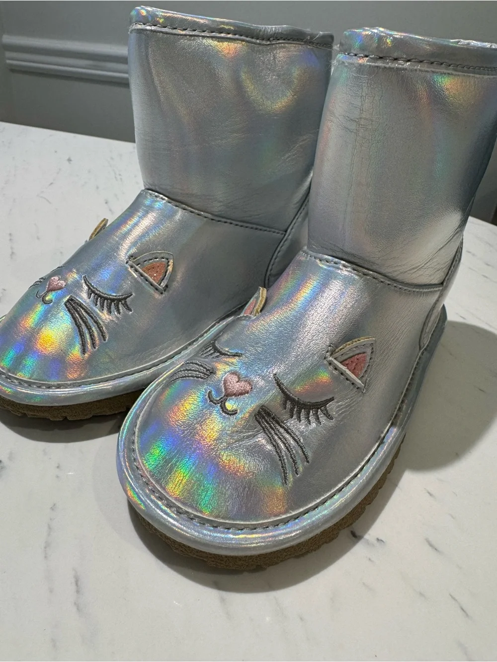 The Children's Place Iridescent Silver Cat Face Kids Snow Boots
